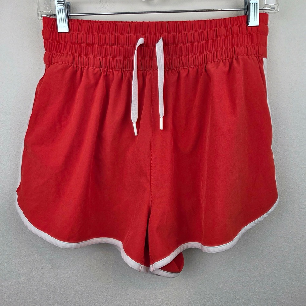 Athleta Red High Rise Weekender Stripe Run Shorts XS Smocked Waist Athletic